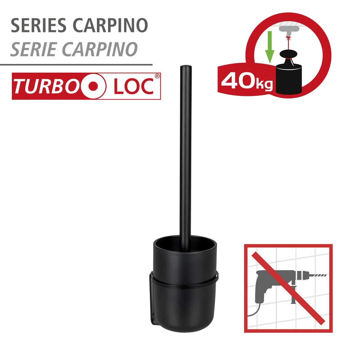 WENKO WC-Garnitur Mod. Carpino Kunststoff WC-Bürstenhalter für einfache Befestigung ohne Bohren Flexible Abdeckung Wandhalterung Metall Schwarz