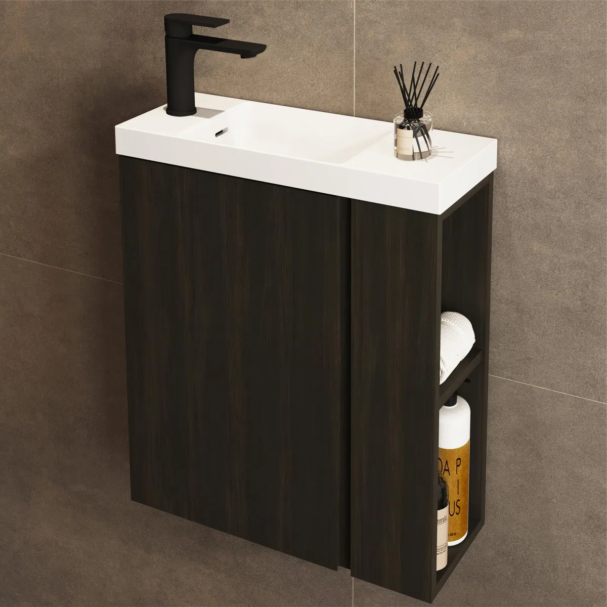 Waschbecken mit Unterschrank 55 cm - Badmöbel Set mit 2 Tier seitliche Ablagen außen & Haken, Vormontiert Waschbeckenunterschrank Klein für Bäder - Schwarz (inkl. Schwarz Matt Armatur)