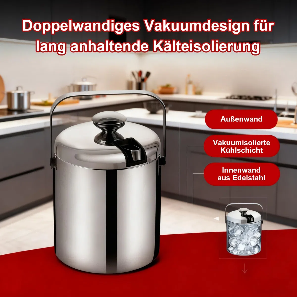 Eiswürfelbehälter mit deckel 1.3L, Eiswürfelbehälter Edelstahl mit Sieb und Eiszange, Doppelwandig Isoliert, Tragbarer Eiskübe Ideal für Bier, Wein, Champagner, Für Bar, Party, Camping & Grillen