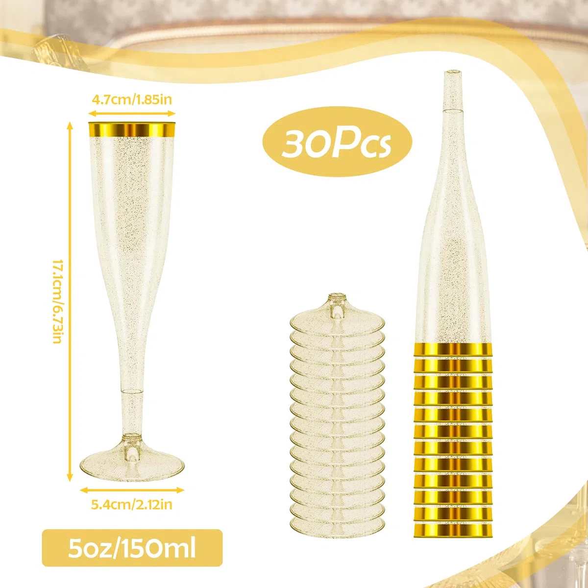 Sektgläser Plastik 30 Stück Kunststoff Champagner Gläser 150ml Goldene Kante und Glitter Sektglas Mehrweg Plastik Sektgläser für Geburtstag Hochzeit Party Picknicks Outdoor(Gold)