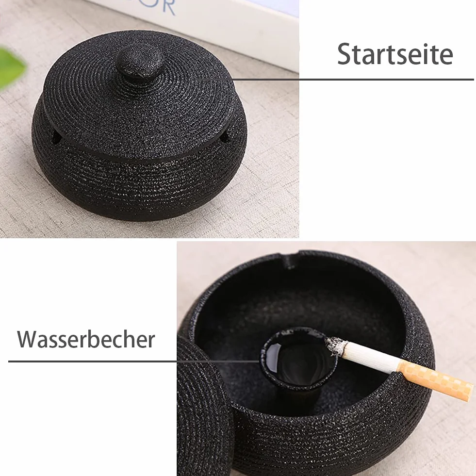 Panngu Windaschenbecher Schwarz Retro Keramik, Aschenbecher mit Deckel für Draußen, Einfachheit Zigarren Aschenbecher für Zuhause und Büro Dekoration (11.5X8.5cm)