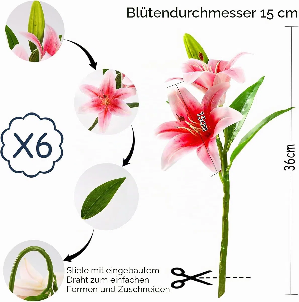 HNVNER 6 Bündel Kunstblumen Lilien, 3D-künstliche Lilienblume Rosa, Gesamt 12 Blütenköpfe 6 Knospen - DIY Set Blumenstrauß für Hochzeit, Home & Büro Deko, Tischdekoration