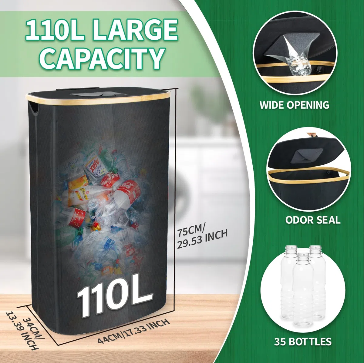 MOWETOO 110L Pfandflaschen Sammelbehälter mit Deckel & 2 abnehmbaren Tragetaschen, Groß Pfandflaschen Aufbewahrung, Behälter Leergut & Altglas Aufbewahrung, Küche Abstellraum Flaschentasche