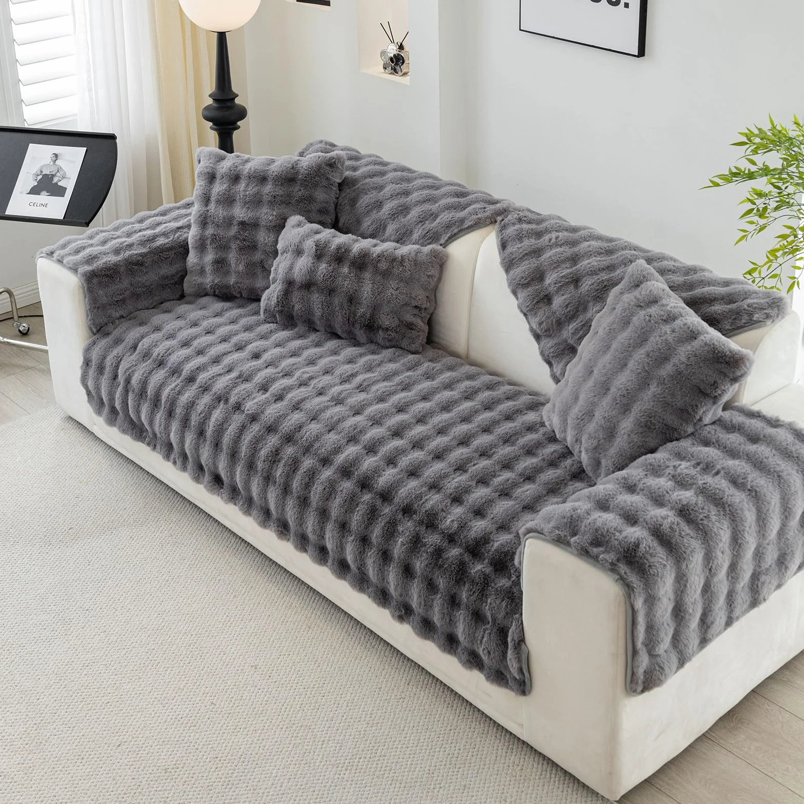 Weiche Plüsch Sofabezug Waschbar - Neue Rutschfeste Sofa überzug 1 2 3 4 Sitzer Couch überzug für Sektionssofa, Flauschiger Kunstpelz Sofa Sitzkissenbezug L Form Möbelschutz (Dunkelgrau, 70x70cm)