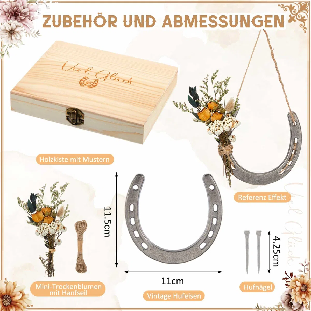 Hestya Hufeisen Glücksbringer Richtfest Geschenk Geburtstag Prüfung Glückshufeisen mit Viel Glück Holzkiste Hufeisen Deko Geschenk zum Einzug Hochzeit Einweihungsgeschenk Geschäftseröffnung