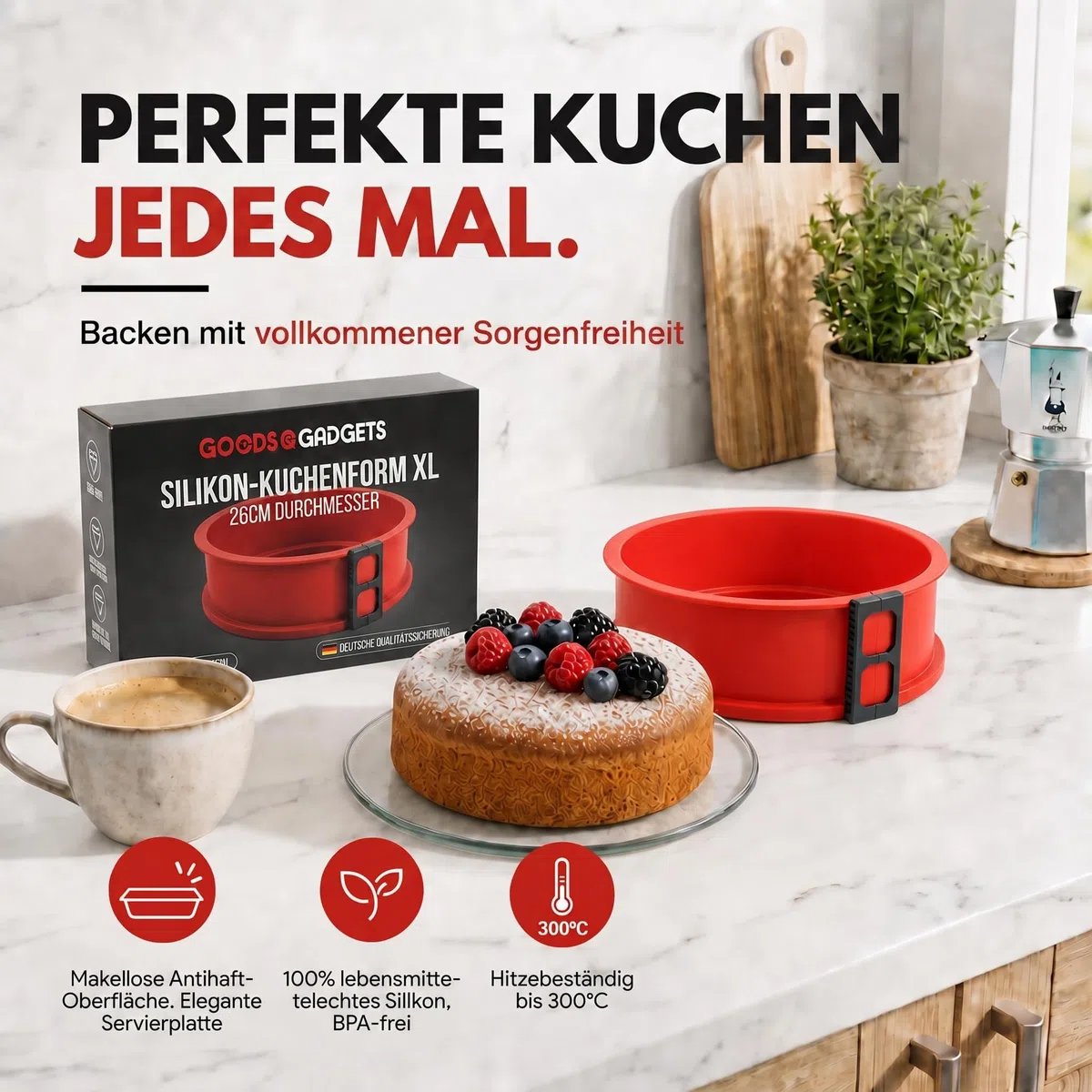 GOODS+GADGETS Silikon Springform Antihaftbeschichtete Kuchen Backform (Silikonform mit Glasboden)