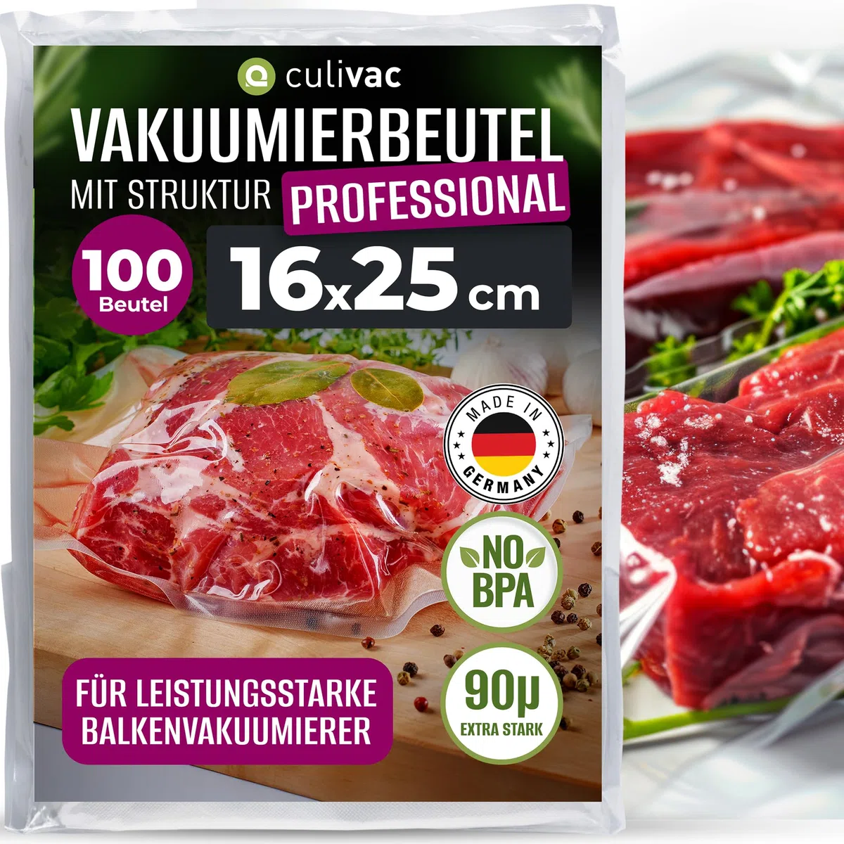 culivac Vakuumierbeutel "Professional" – Vakuumbeutel – Vakuumierfolie für leistungsstarke Vakuumierer – BPA-frei, reißfest & Mikrowellengeeignet, Made in Germany – 100 Stück – 16x25cm