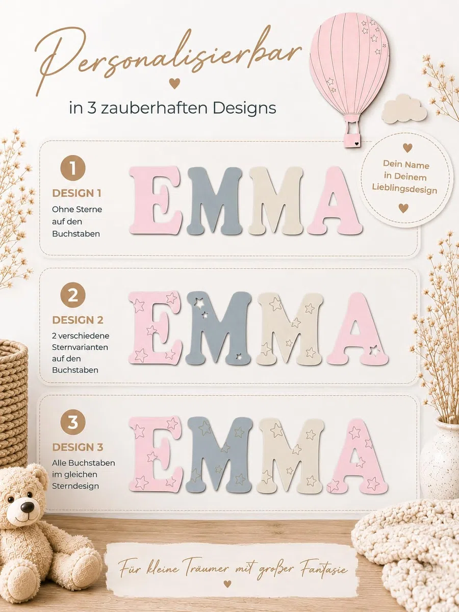 Traumwelten-Zimmermann Holzbuchstaben Kinderzimmertür – Personalisierter Name aus Holz für Tür & Wand – Babyzimmer Wanddeko – Geschenk zur Geburt, Taufe & Geburtstag