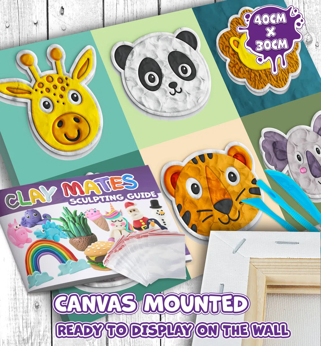 Splat Planet Klecksfreies Tier-Knetmalset, lufttrocknendes Knetmodellierset, sensorisches 3D-Leinwand-Bastelset für Kinder, vorgerahmt 40 x 30 cm