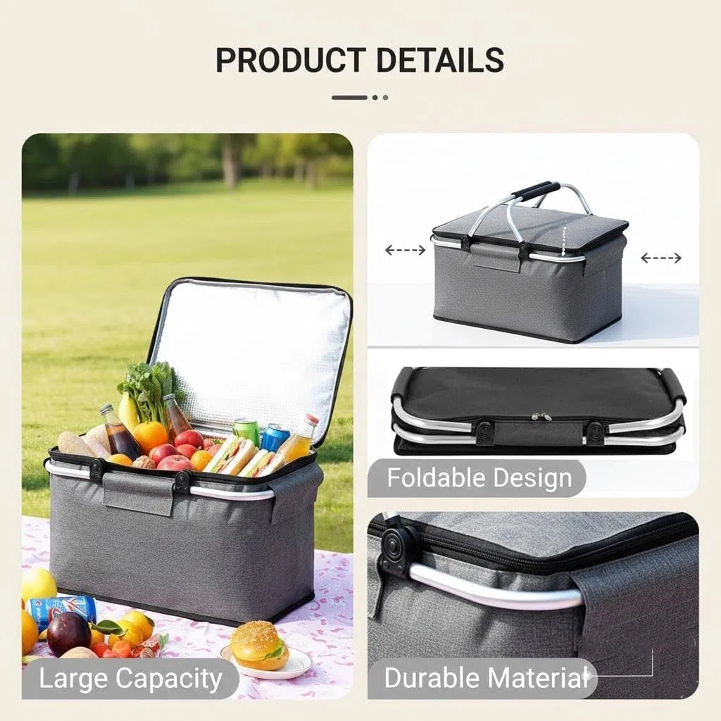 Einkaufskorb Faltbar, Einkaufskorb mit Kühlfunktion, Thermo als Picknickkorb, Tragekorb, für Picknick, Reisen, Einkaufen,18L(Grau)