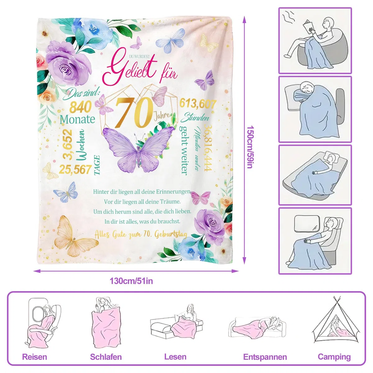 Geschenke zum 70. Geburtstag für Frauen, Flanell-Wohndecke 130 x 150cm, Geschenk für eine 70-jährige Frau, Geschenk für Sie aus dem Jahr 1956, Geburtstagsgeschenke für Damen, Mama, Oma, Ehefrau