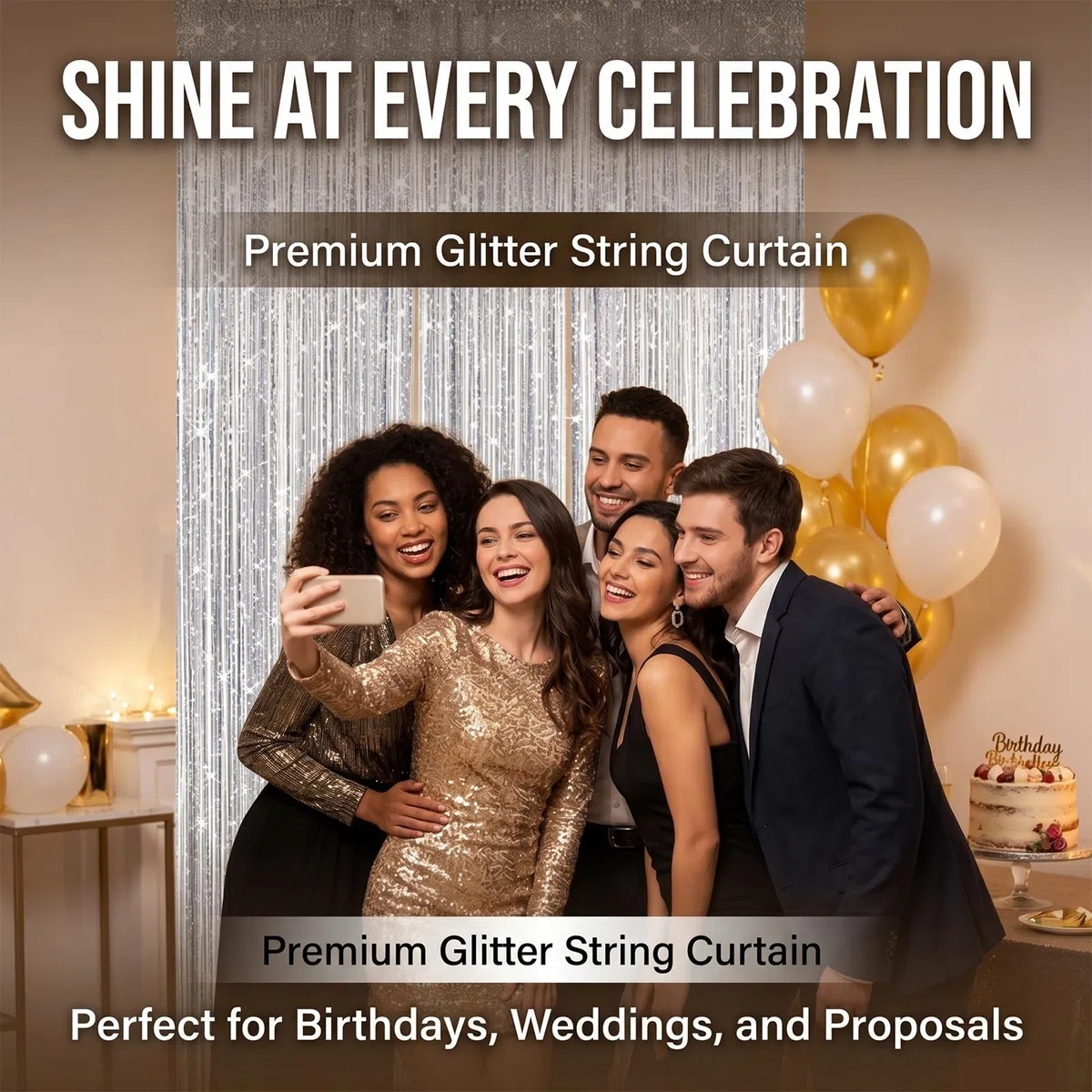4 Stück Fadenvorhang Türvorhang 100x200cm, Glitzer Perlenvorhang Raumteiler Fensterdekoration für Hochzeit Party Dekoration