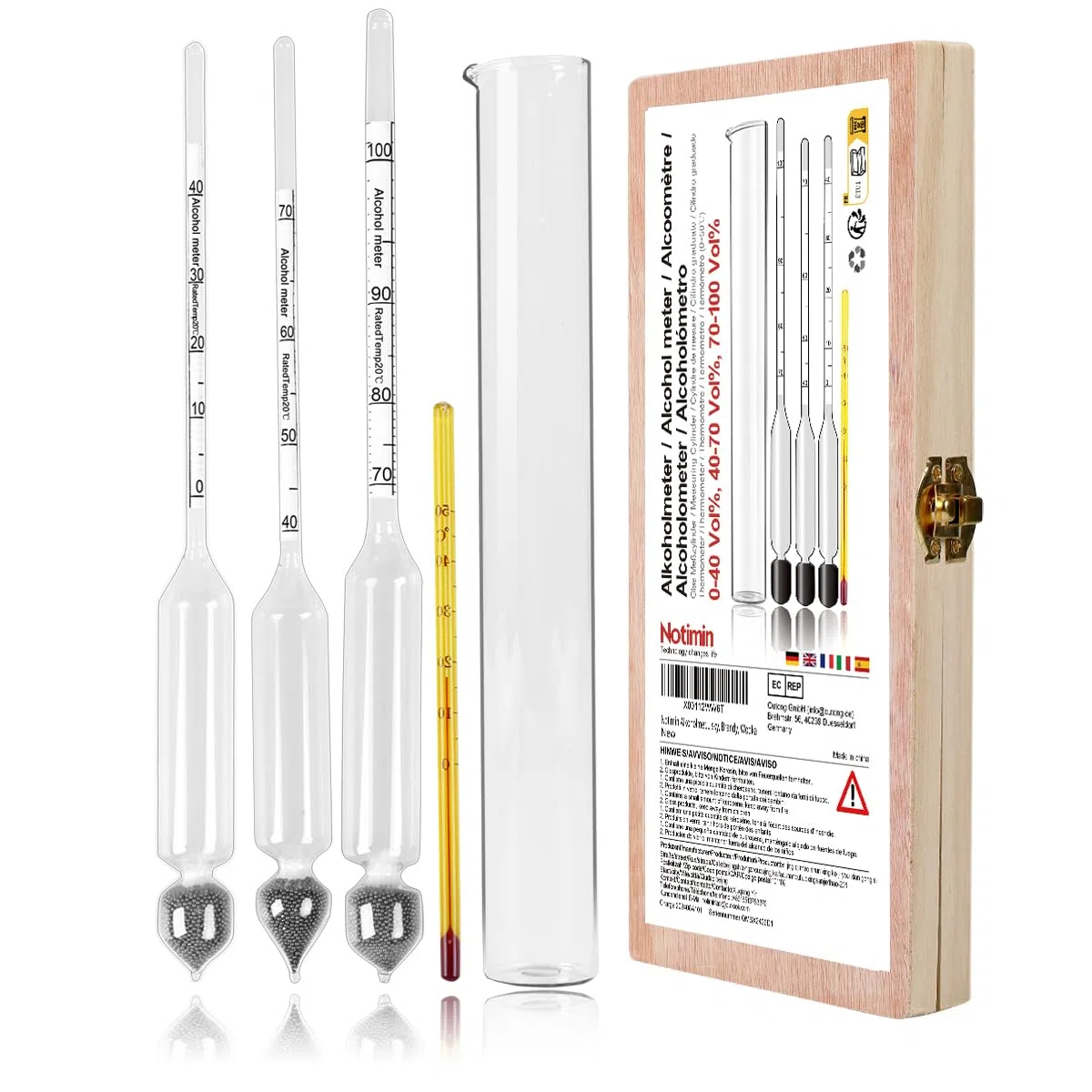 Alkoholmeter 3 pcs 0-40 Vol%, 40-70 Vol%, 70-100 Vol% Alkoholmessgerät Tester Alkoholgehalt + Glas Meßzylinder für alle Spirituosen/Destillate, Whisky, Brandy, Wodka
