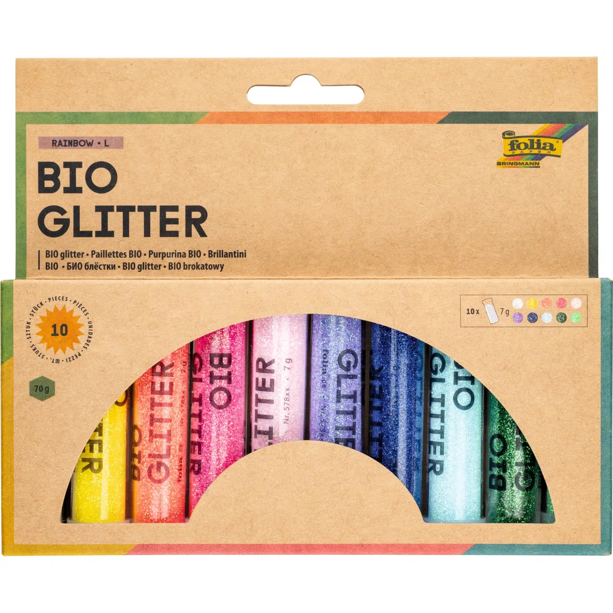 folia 57817 - Bio Glitter Mix RAINBOW L, 10 Tuben à 7g, organischer Glitzer in 10 verschiedenen Farben, zum Verzieren und Dekorieren