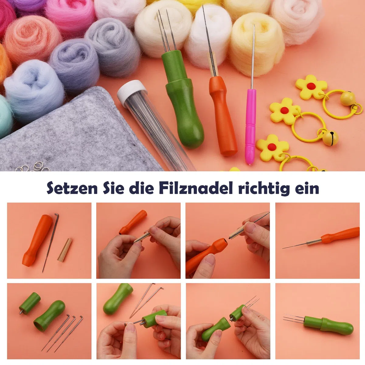 Wamkon nadelfilz set filznadeln zum trockenfilzen bestehend aus 48 Farben, filzset für anfänger mit Werkzeugen sowie einer Aufbewahrungsbox und Anleitung für Anfänger im Basteln