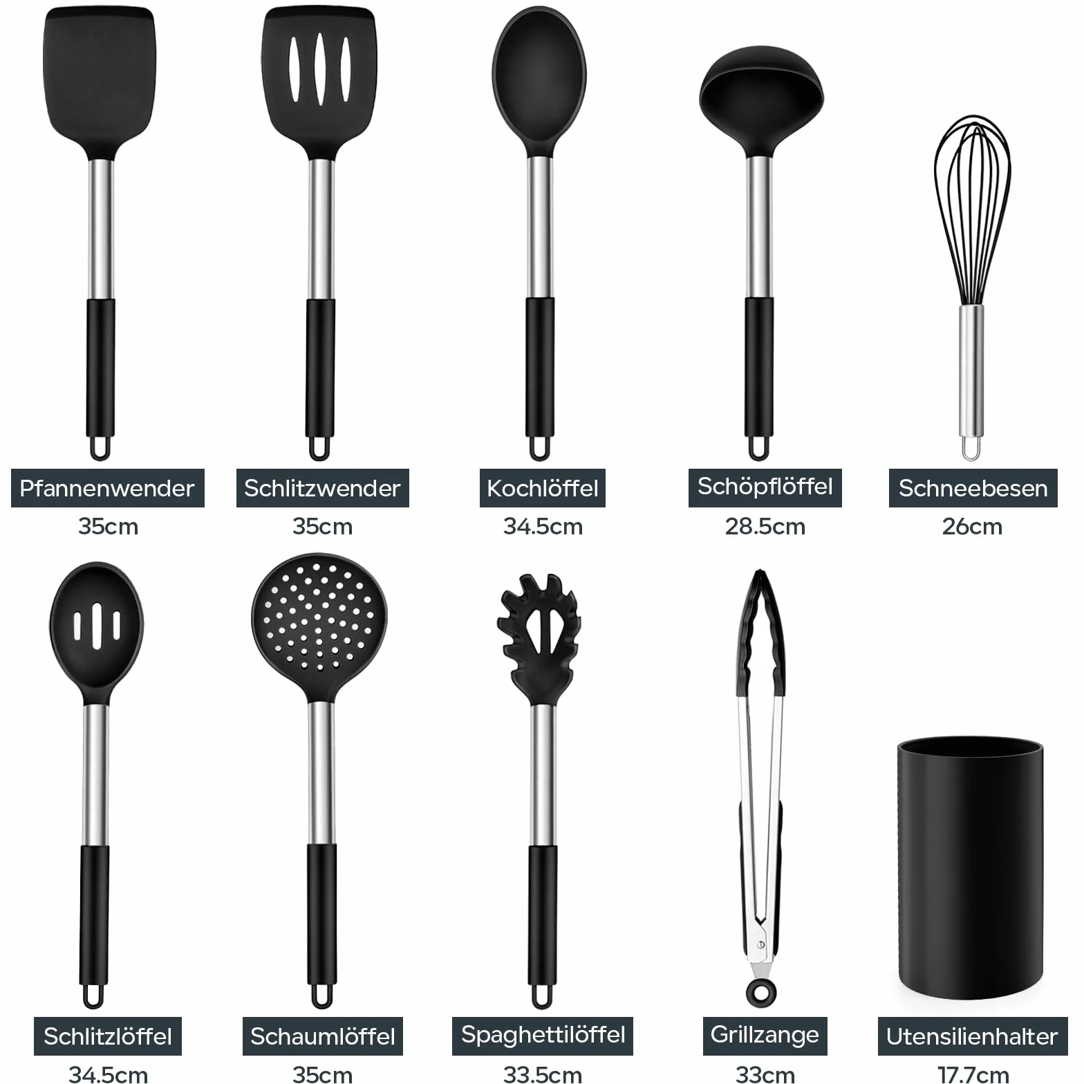 Küchenhelfer Set, Homikit 10 Stück Silikon Küchenutensilien Kochbesteck Set mit Edelstahlgriff, Antihaft Hitzebeständiger Schwarz Kochutensilien Set, Gesund, Spülmaschinenfest