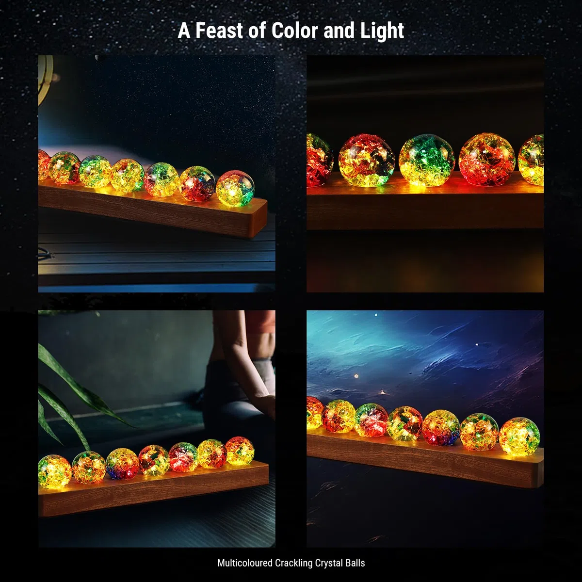 LOSCHEN 7 Bunte Crackle-Kugeln mit LED-Sapele-Holzsockel, dekorative Eiskrackle-Kugeln mit positiver Energie, Set mit natürlichen Heilkugeln für Zuhause, Yoga, Meditation und Geschenke