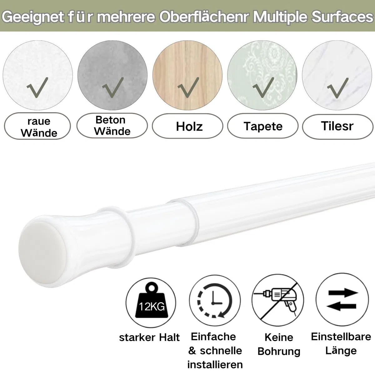 Venwemong Vorhangstange ohne Bohren Verstellbare Teleskopstange Gardinenstange belastbare Klemmstange zum Ausziehen durch Drehen Verstellbar, für ihre Gardinen, Trennwand und Balkon Weiß 85-160 cm