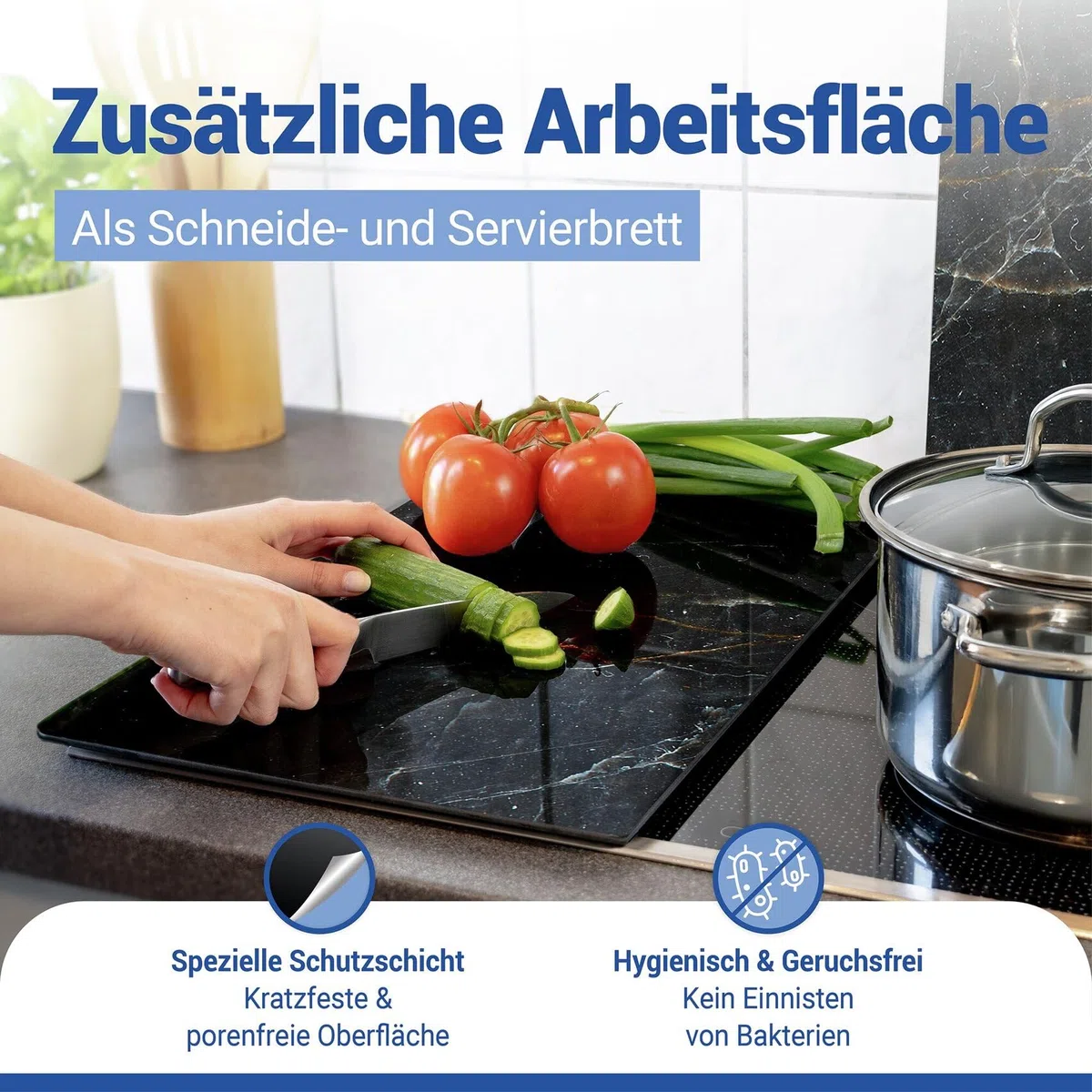 Allstar Herdabdeckplatte aus Glas, 2er Set, für Glaskeramik- und Induktionskochfelder, Herdabdeckung, Glasschneidebrett & Spritzschutz für die Küchenwand, 30 x 52 cm, Mod. Marmor schwarz