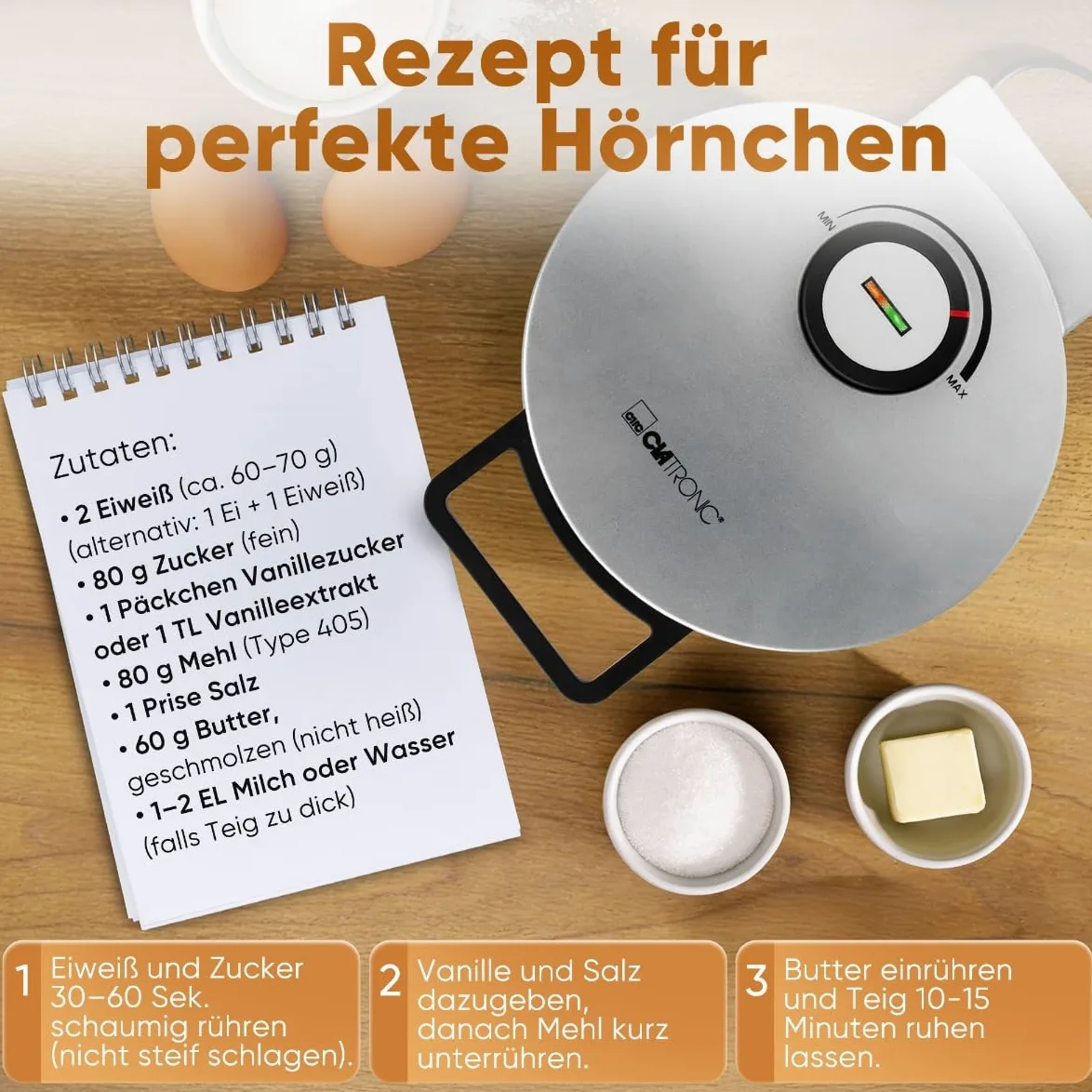 Clatronic® Hörncheneisen | Antihaftbeschichtung | inkl. Hörnchenkegel | stufenloser Regler für Bräunung nach Wunsch | Hörnchenautomat | 1200W | große Backfläche | Eiswaffeleisen | HA 3833