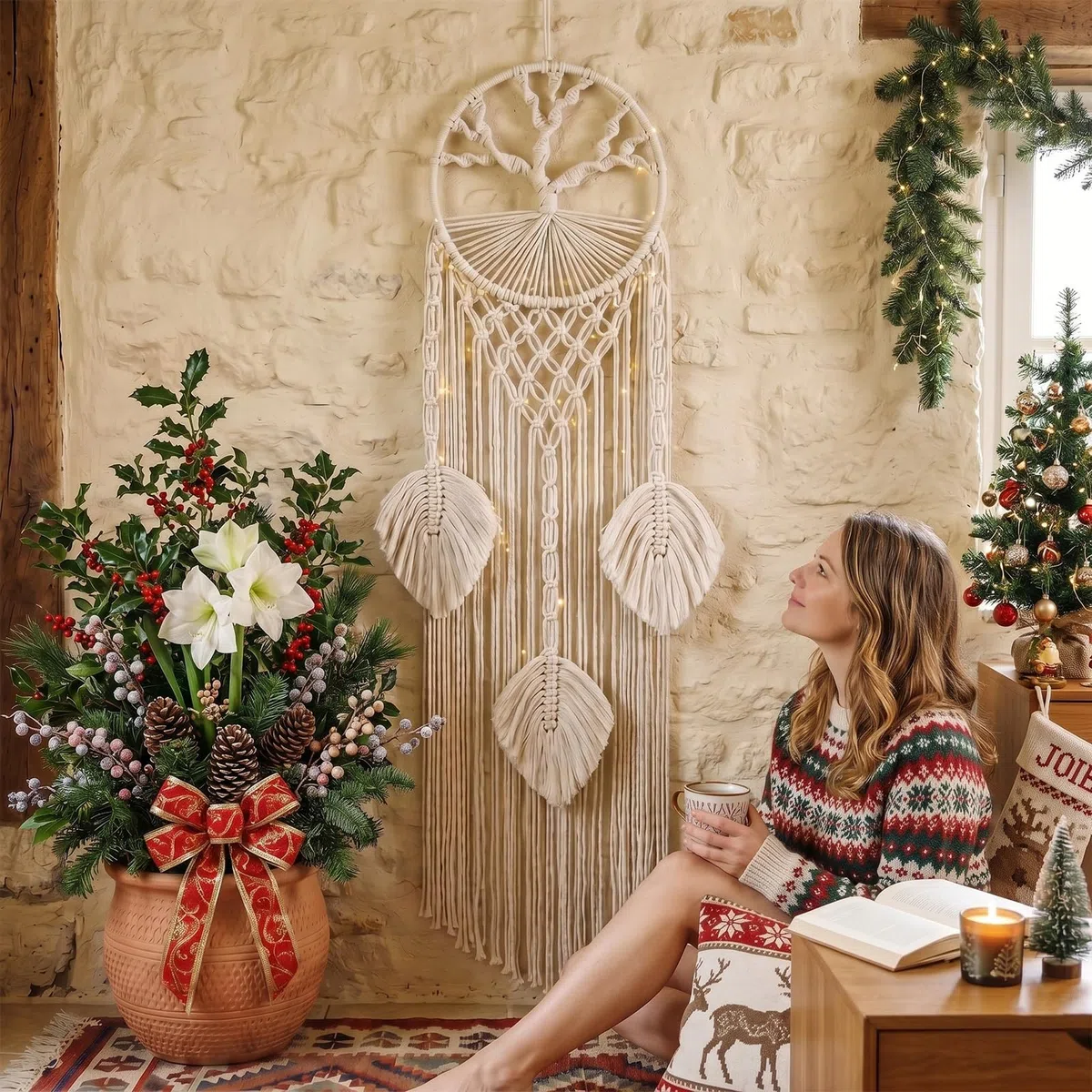 Yuragim Makramee Traumfänger Wandbehang, Baum des Lebens Traumfänger Makramee, Handgemachter Boho Wandtraumfänger Quasten Dekoration Wohnkultur Ornament Bastelgeschenk für Schlafzimmer Wohnzimmer
