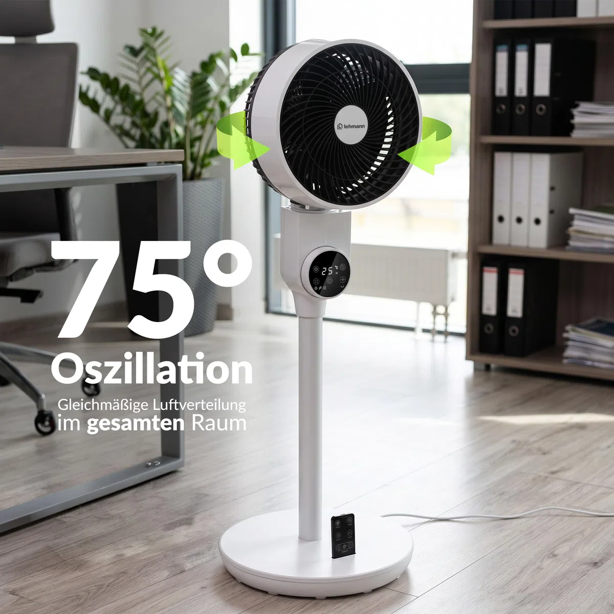 LEHMANN Standventilator, leiser Ventilator mit Schlafmodus & Naturmodus, Timer 12 h, Fernbedienung, LED-Display, 75° horizontale Oszillation + 90° manuell vertikale Neigung, 3 Geschwindigkeiten
