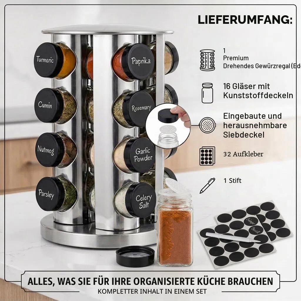 edihome, Gewürzkarussell, Gewürzregal, Drehbar 360º, Küchengewürze, 16 Gewürzdosen, mit Deckeln und einzelnen Dosierern, Organizer, mit Etiketten für Flaschen