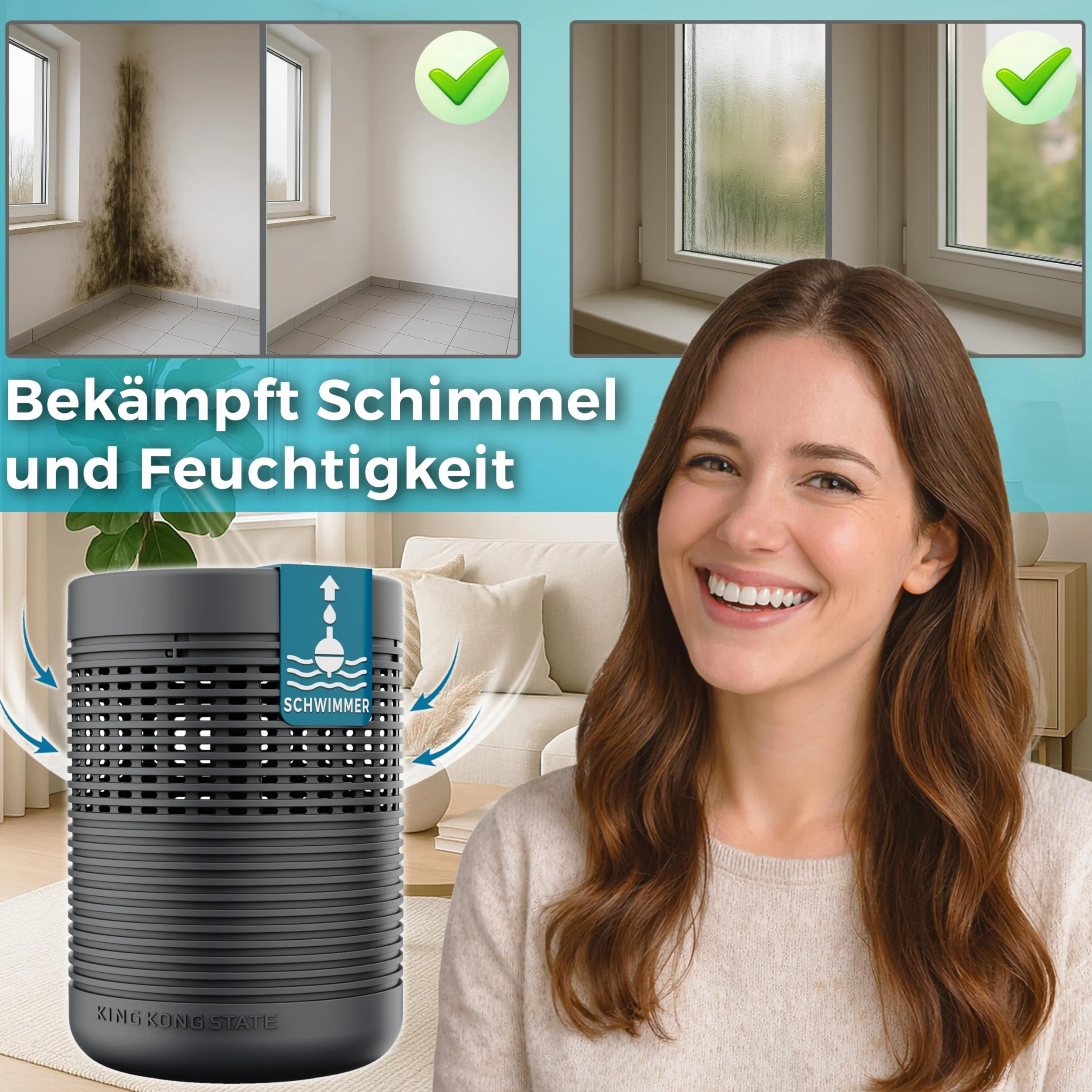 King Kong State Luftentfeuchter ohne Strom | bis 27m² | inkl. 3-Monatsvorrat Luftentfeuchter-Granulat | Raumluftentfeuchter gegen Schimmel in Wohnung, Bad | entfeuchtet Keller | dehumidifiers for home