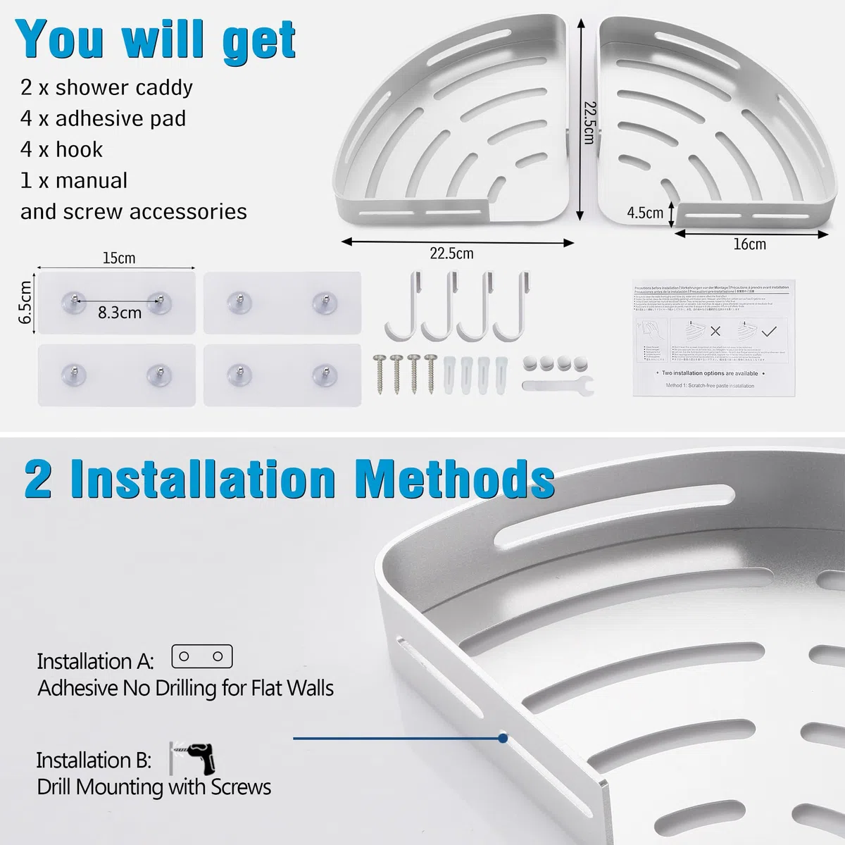 Duschablage Duschregal Ecke Ohne Bohren Duschkorb Wandmontage Klebepad Silber Aluminium 2 Stück Duschgel Shampoo Halterung Eckablage Eckregal für Dusche Bad Küche