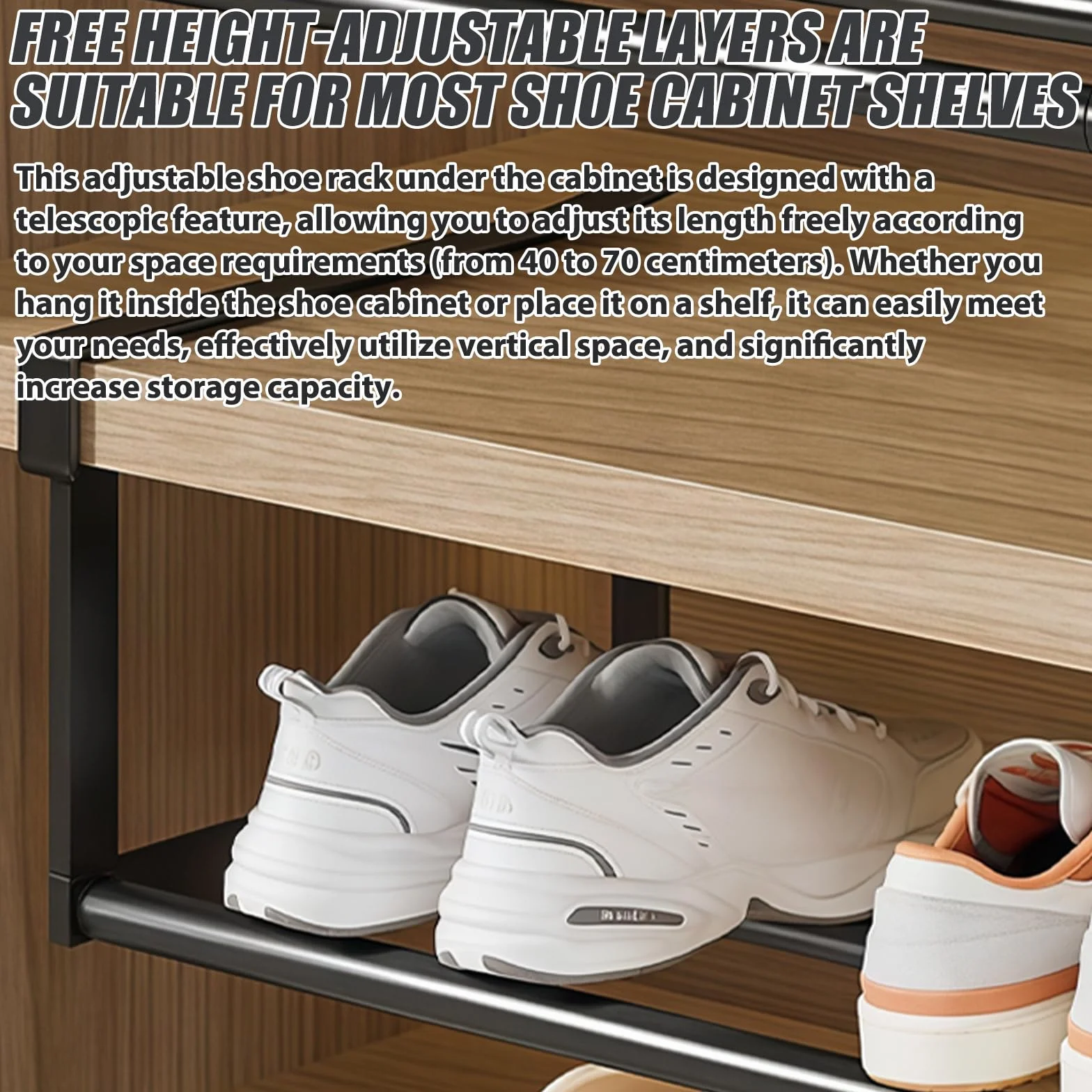 2 Stück Hängendes Schuhregal Organizer, 40-70cm Einlegeboden Schrank Teleskopregal, Unterregal Hängekorb, Erweiterbarer Regalboden Organizer für Schrank Schuh Küchen und Aufbewahrung