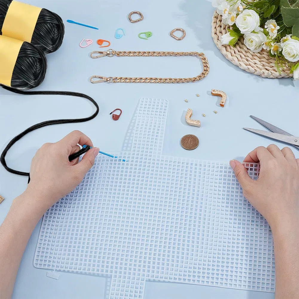 FREEBLOSS DIY Handgefertigtes Stricktaschen Set Netz Kunststoff Canvas Blätter Für Die Taschenherstellung Basteln Handtaschen Zubehör Zum Sticken Schwarz