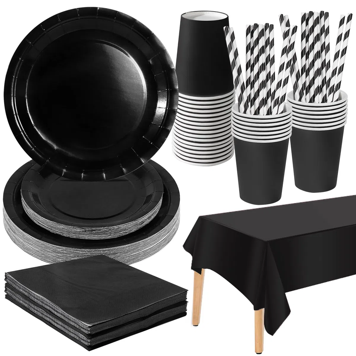 Schwarz Partygeschirr, 121 Stück Pappteller Sets, Party Pappteller Becher Servietten Partyteller Partyset Süße Party, für Feste und Feiern wie Geburtstag
