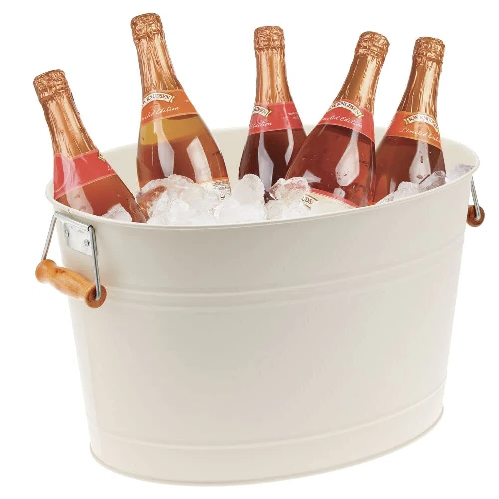 mDesign Weinkühler - Dekorativer Sektkübel mit Holzgriffen - Idealer Eiskübel für Wein, Bier, Sekt oder Erfrischungsgetränke - Creme/Natur
