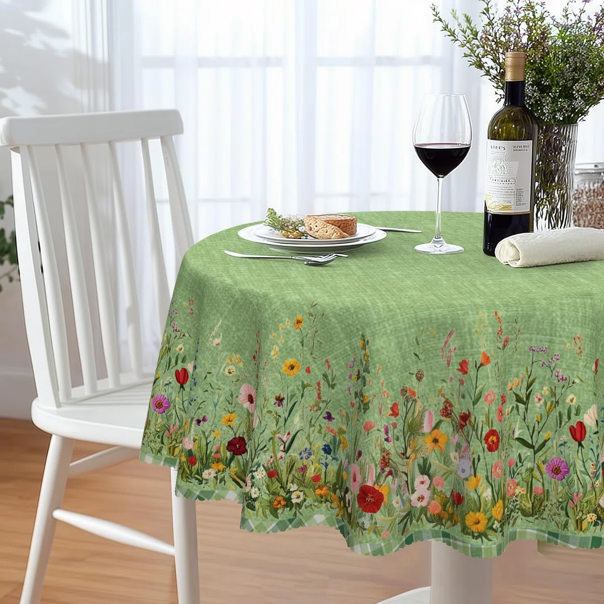 Tischdecke Rund 160 cm Wetterfest Abwaschbar - Polyester Grüne Blumen Muster - Outdoor Tischdecke für Garten Küche Esszimmer Balkon - für 6-8 Personen - Wasserdicht & Langanhaltend