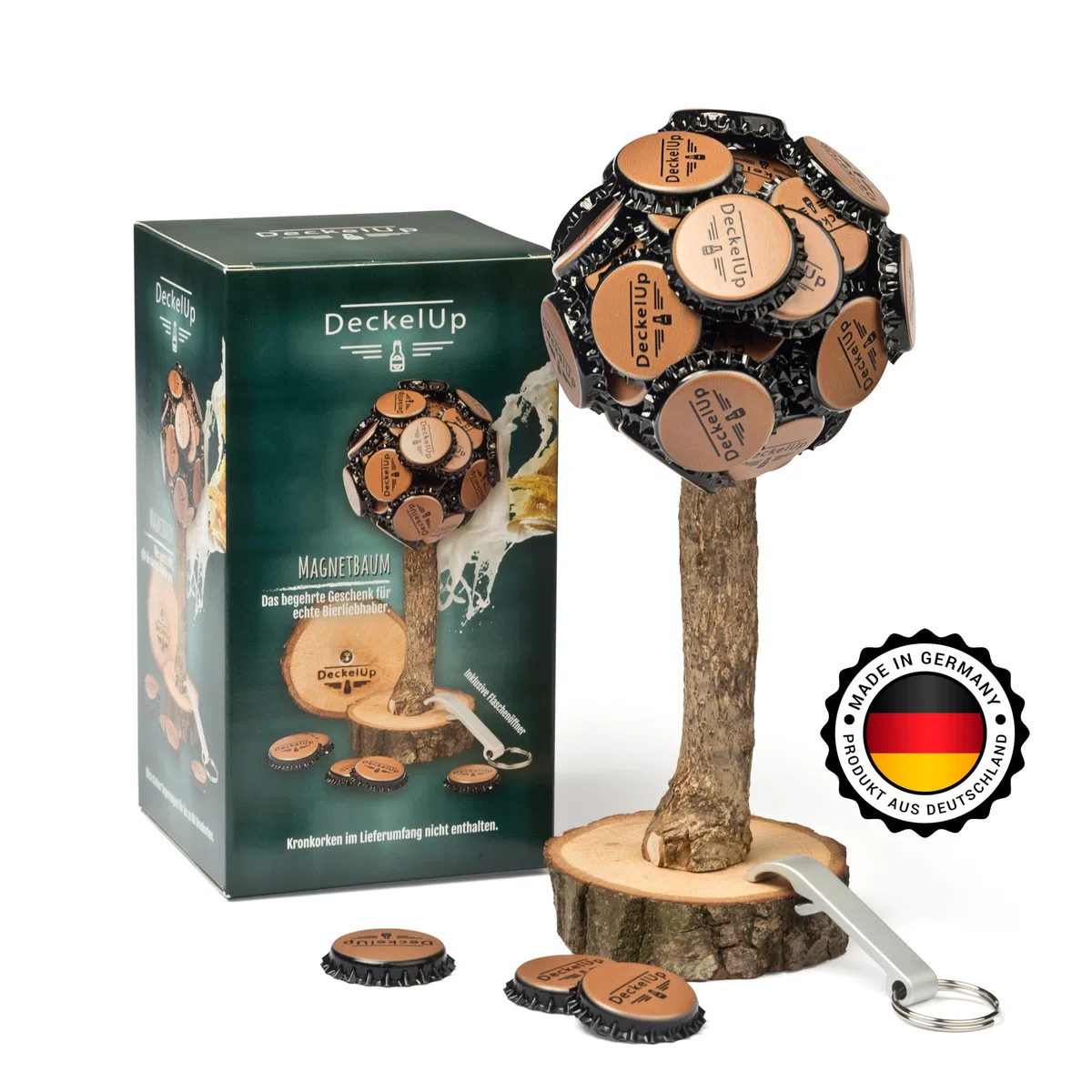 Bierdeckel Magnetbaum für bis zu 60 Kronkorken - Kronkorken Baum aus Eiche Made in Germany - Kronkorkenbaum & Bierdeckelbaum als Geschenk für Vater, Männer - Partyraum-Ausstattung & Bardeko