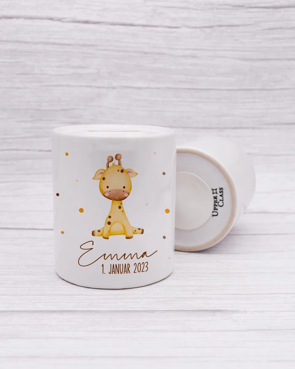 VERSCHENKICH Spardose für Kinder personalisiert - Geschenk zum Geburtstag, Weihnachten, Geburt - Spardose für Kinder mit Tiermotiv & eigenem Namen für Jungen & Mädchen (Spardose Giraffe)