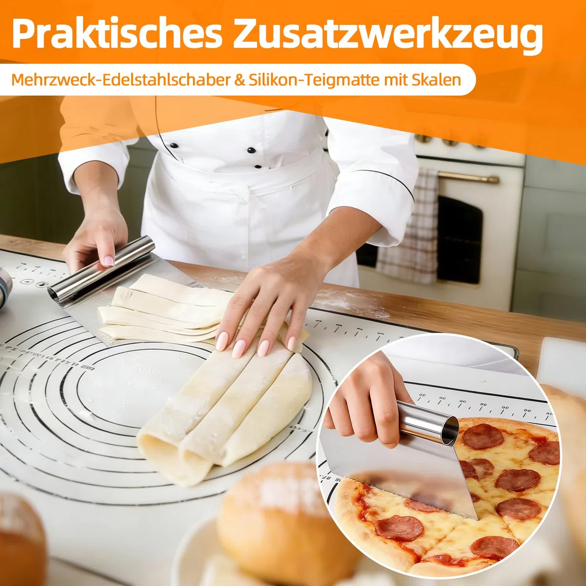 Nudelholz Edelstahl Verstellbar, Teigroller mit Abstandshalter 4 Dickenstufen, Antihaft Rostschutz - 42cm mit Silikon Teigunterlage & Teigspachtel, alle mit Messmarkierung - Für Pizza, Gebäck, Kuchen