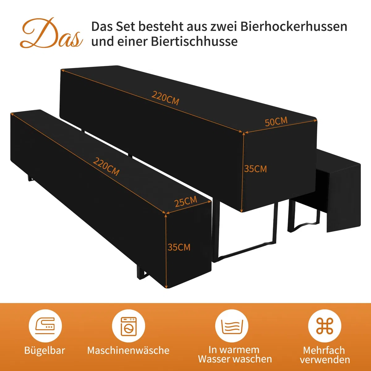 Teruntrue Bierzeltgarnitur Set 3tlg. Einzigartig Gestaltete Hussen für Bierzeltgarnitur 220 x 50cm – 1 Husse Biertisch + 2 Bierbank in Schwarz - Biertischhusse Bierbankhusse – Schwarz