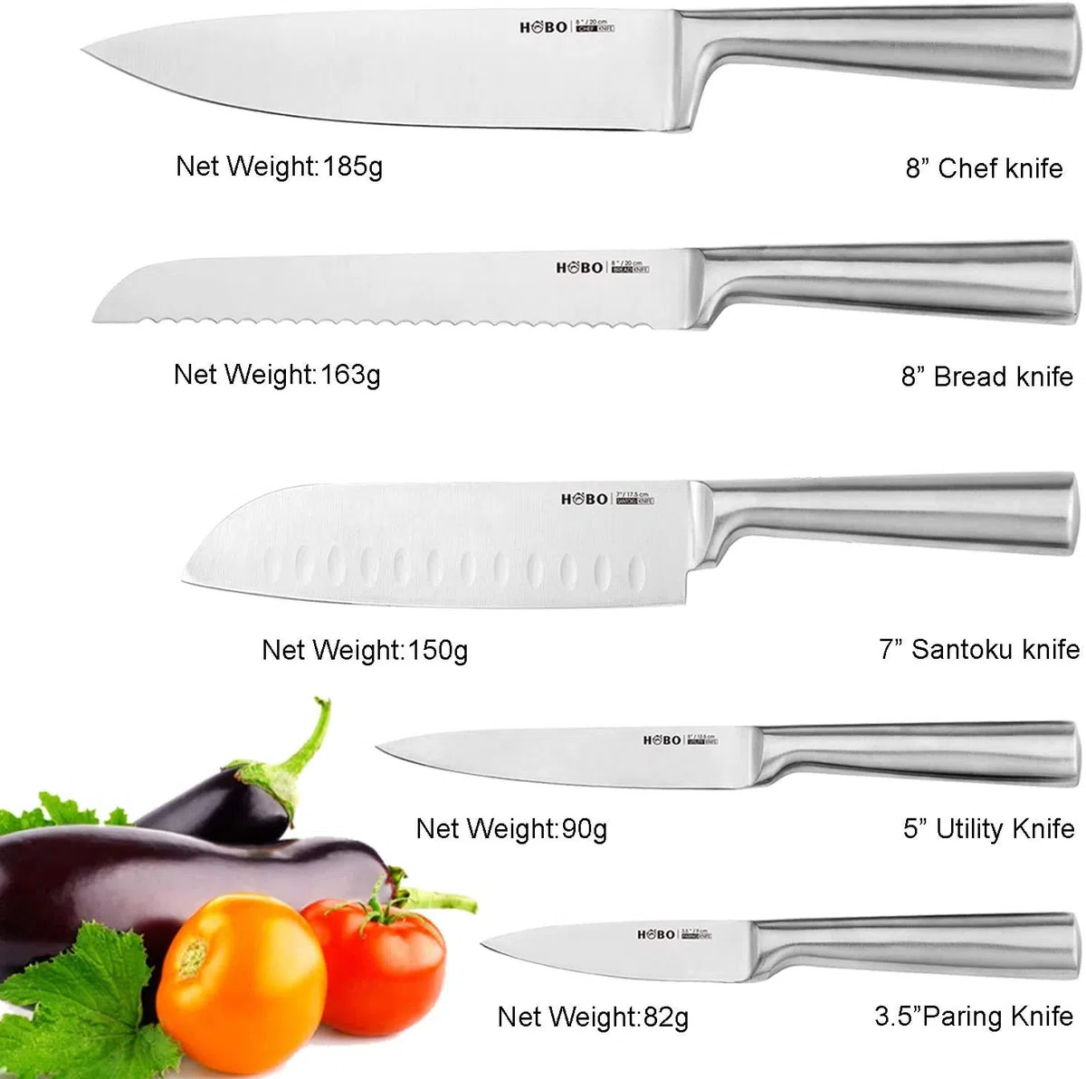 HOBO Profi Messer Set 5 teilige, Küchenmesser Set mit Edelstahlklinge aus Edelstahl, Scharfes, Rutschfester, Gefrosteter Griff - Kochmesser/Brotmesser/Santoku/Universalmesser/Gemüsemesser
