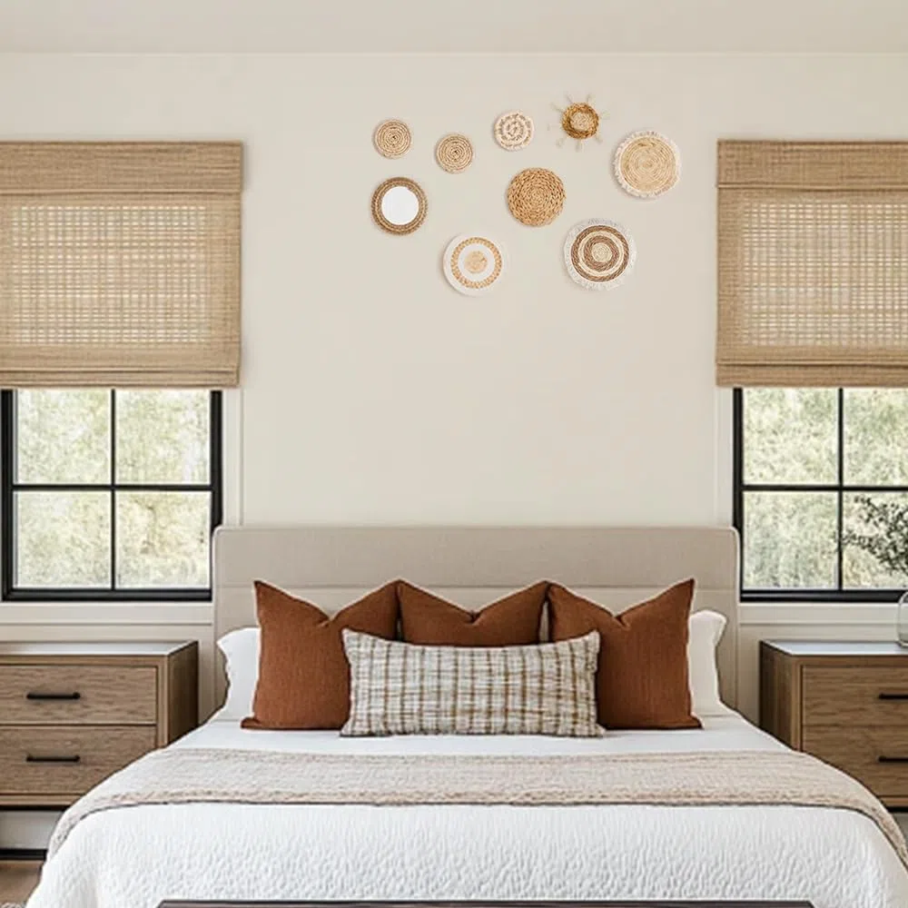 Rongxze Boho Wanddeko, 9 Stück, Gewebte Wandkörbe, Handgefertigt | Runde Wandkunst, Bauernhaus-Stil, Für Schlafzimmer, Wohnzimmer, Küche