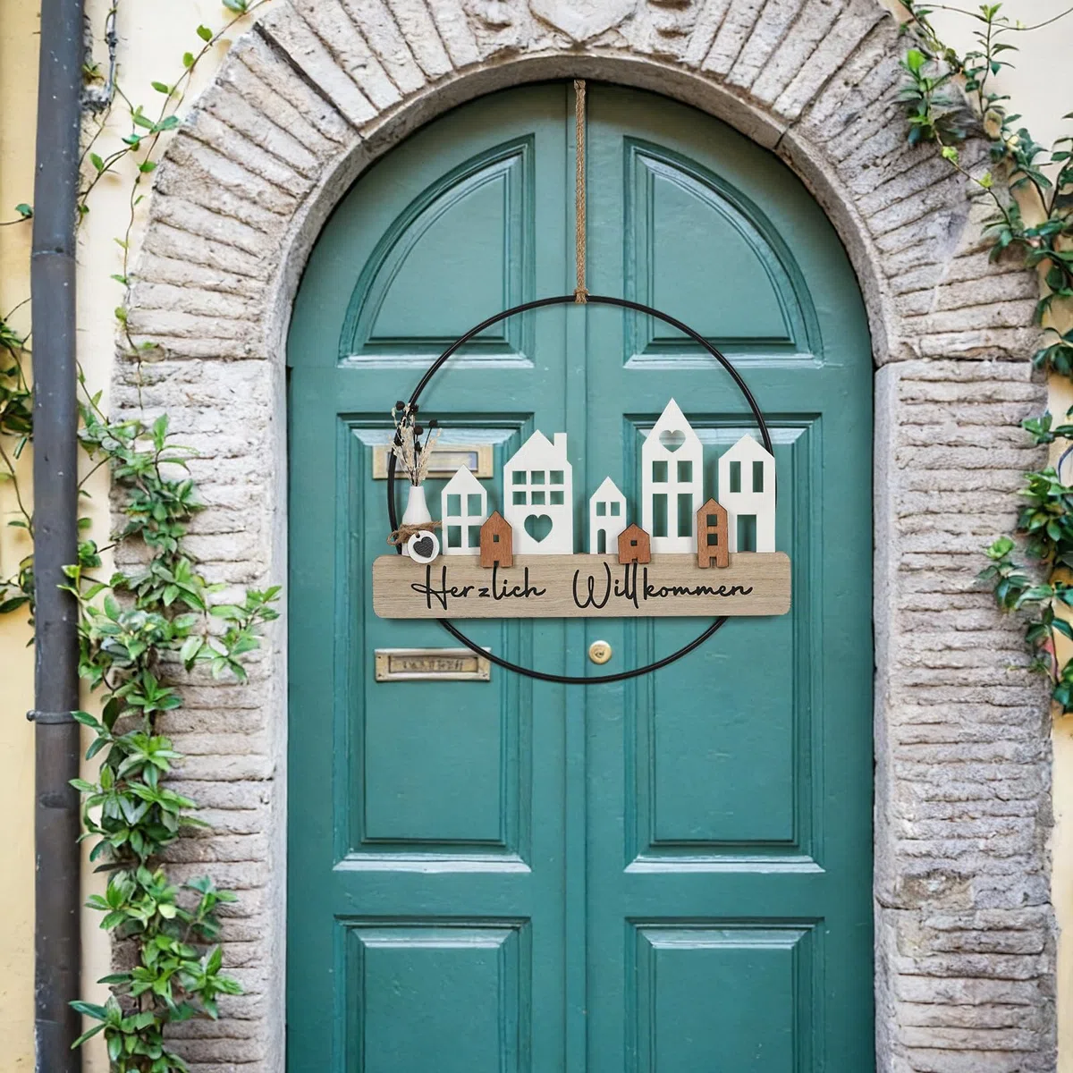 Willkommen Türkranz Trockenblumenkranz - Türkranz Herzlich Trockenblumen Fensterdeko Hängedeko personalisiert Dekokranz mit Willkommensschild Trockenblumen und Haus ø28cm Wandschmuck