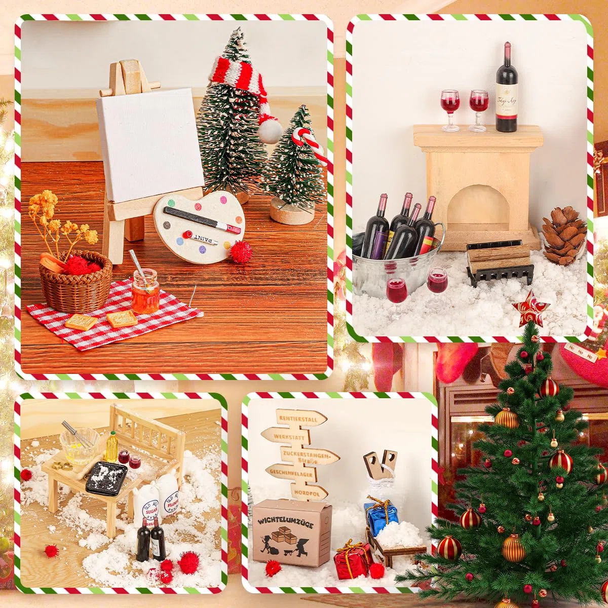 75Pcs Wichtel Zubehör mit Briefe Weihnachten Wichteltür Komplettset, Elfentür Beleuchtet Miniatur Wichtel Baustelle Kamin Staffelei Backset, Wichtelhaus Feentür Zum öffnen adventskalender DIY