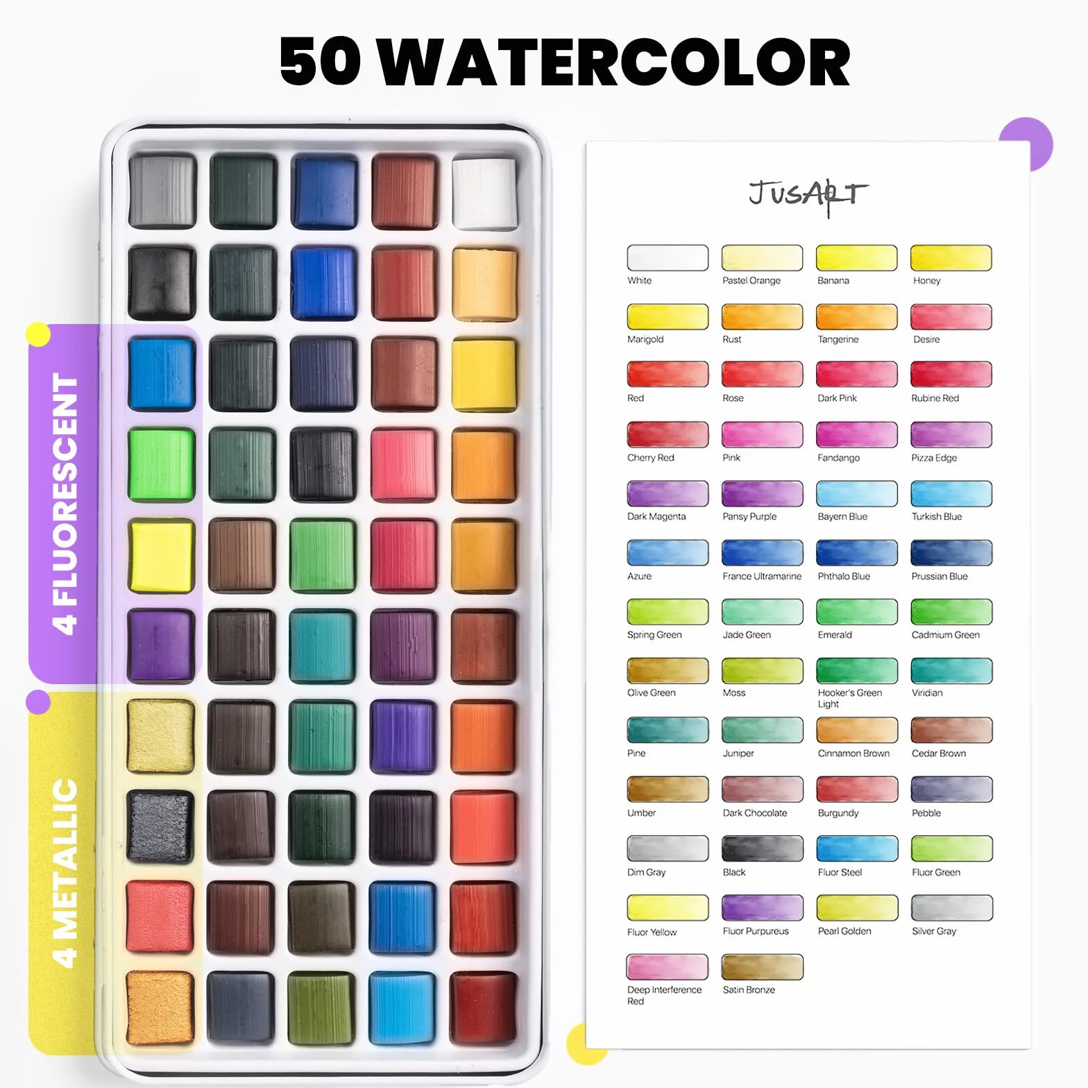 JusArt Aquarellfarben-Set mit 50 Farben, Künstlerbedarf mit Metallic-Farben, Detailpinseln, Wasserpinseln und tragbarem Reise-Malset für Künstler, Profis, Erwachsene und Kinder