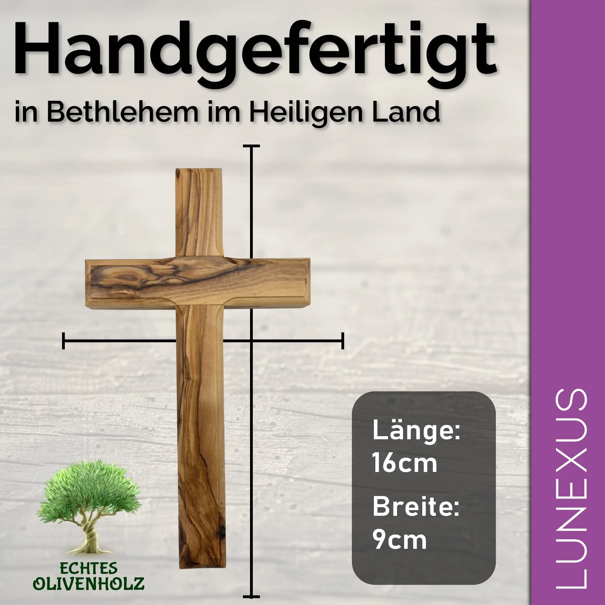 Lunexus Wandkreuz Olivenholz 16x9 cm christlich handgefertigt gesegnet | Massives Olivenholz aus Bethlehem - gesegnet mit Zertifikat - inkl. Montageset - für Taufe, Kommunion, Firmung, Hausaltar