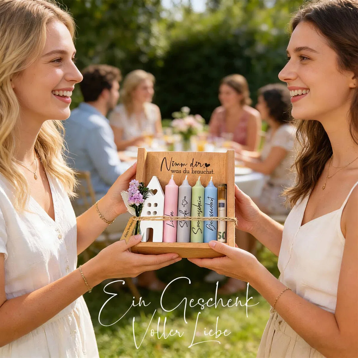 Nimm dir was du brauchst Kerzen Geschenkset für Frauen Freundin Geschenke mit Kerzenständer, Kerze mit Spruch Geschenk, Kerzenhalter Holzkiste, Geldgeschenke mit Kerzen Deko