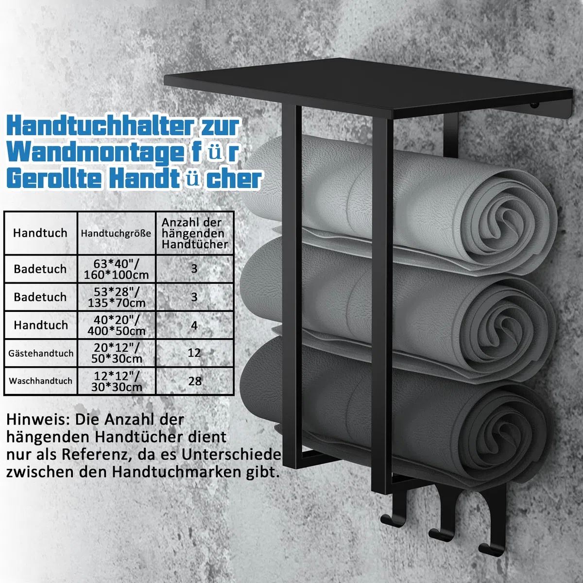 Handtuchhalter Handtuchregal, Bethom Handtuchhalter Wandmontage, Handtuchhalter aus Stahl mit Oberer Ablage und 3 Haken für Große Handtücher, Kleine Handtücher, Handtücher, Wohnmobil, Camper, Schwarz