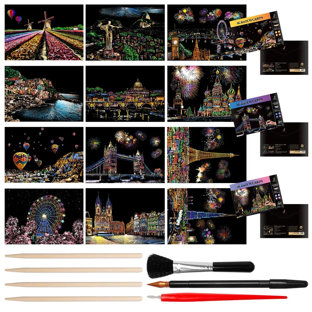 12Stück Magic Rainbow Kratzpapier A4 Kratzbilder Erwachsene Sehenswürdigkeiten Wandbild mit Kratzwerkzeuge Kit City Series Night Scene Regenbogen-Kratzkunst für Erwachsene Kinder DIY-Handwerk