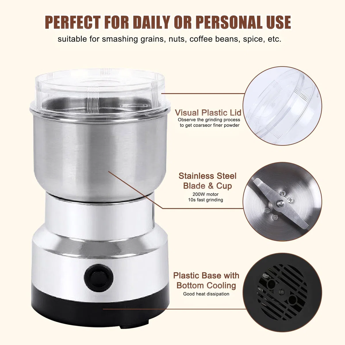 Elektrische Getreidemühle Gewürz Superfine Mühle Smash Maschine Elektrische Mühle Mini Mühle Trichter Küchenmaschine für Getreidenüsse Würzen Kaffeebohnen Getreide Reis 300g
