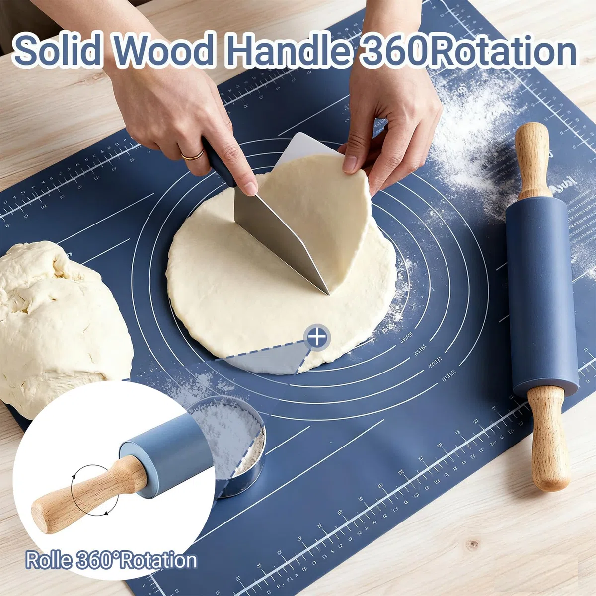 Nudelholz Silikon Teigroller mit Holzgriff, 60 x 40 CM Blau Ausrollmatte, Backmatte Silikon + Teigkarte + Pinsel, Extra Dick Rutschfeste Backunterlage für Fondant Gebäck Pizza, BPA Frei