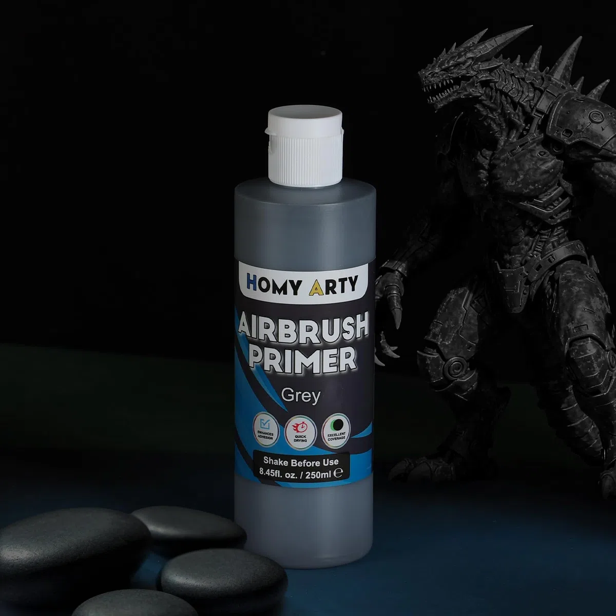 HOMY ARTY Airbrush Primer - Grau Acrylgrundierung für Airbrush, 250 ml schnelltrocknende, matte Grundierung, für Airbrush Farbe mit ausgezeichneter Haftung auf Kunststoffmodellen, Metall, Leinwand